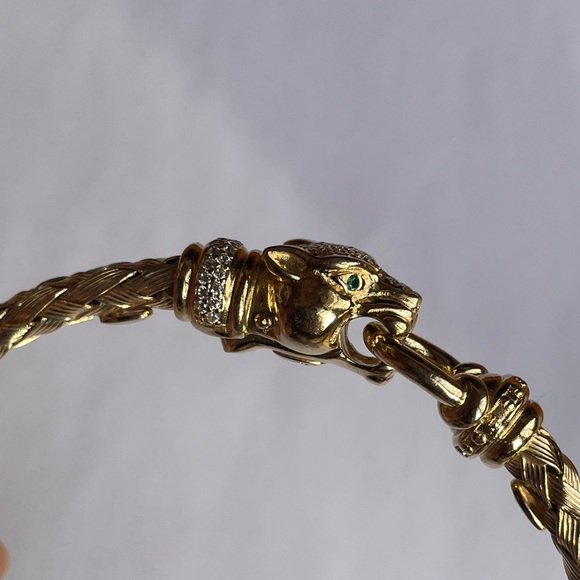 Made in Italy Emerald Eyed Woven Bangle Bracelet Genuine 18k Gold over Solid925 - Picture 4 of 16
